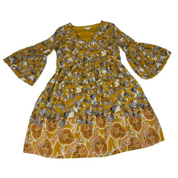 C EST. 1946 Paisley Floral Print Boho Dress Women's S Yellow V-Neck Bell Sleeve - Picture 1 of 5
